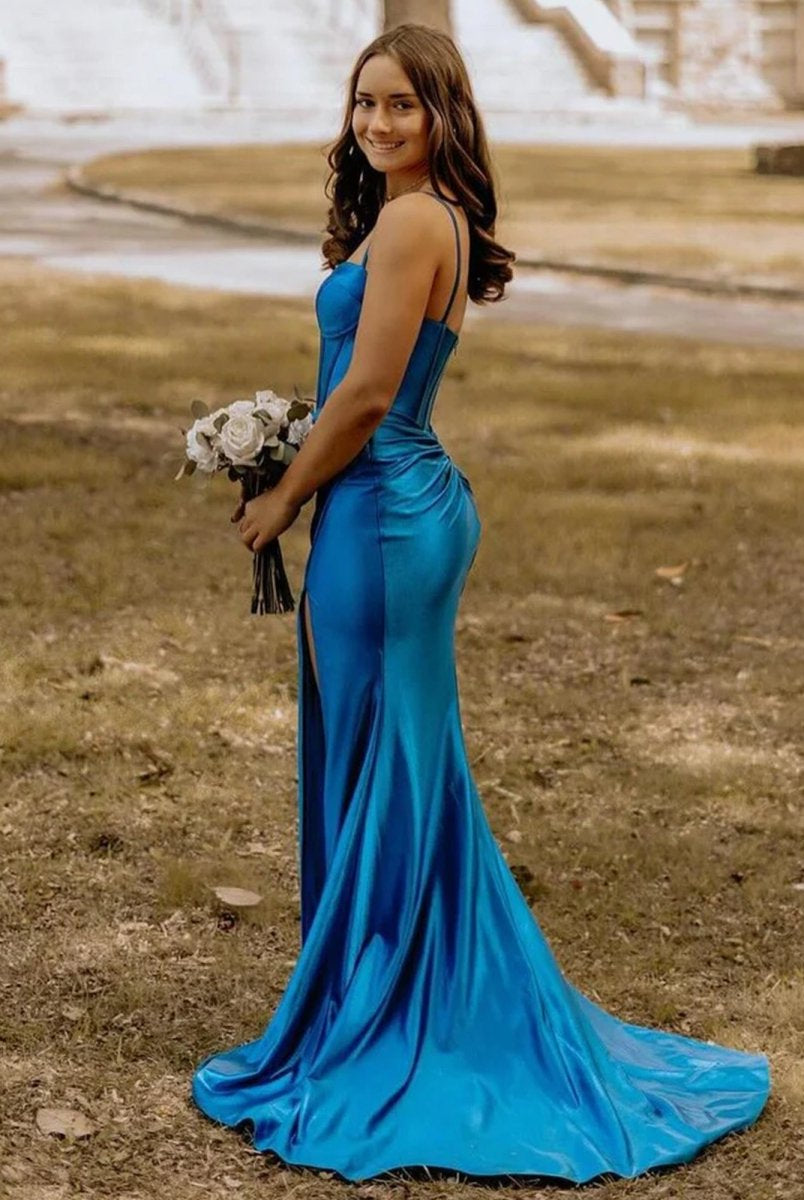 Alexia | Blue Satin Mermaid Long Formal Dress with Slit