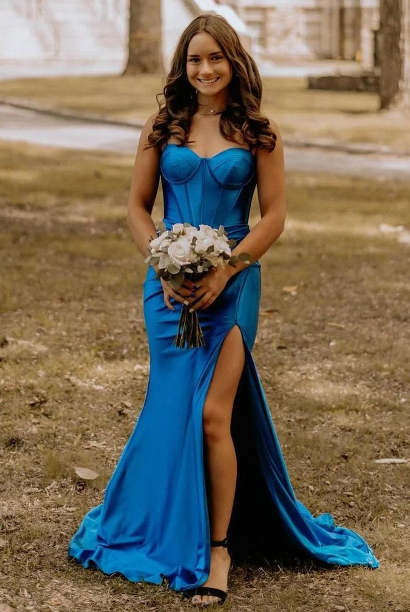 Alexia | Blue Satin Mermaid Long Formal Dress with Slit