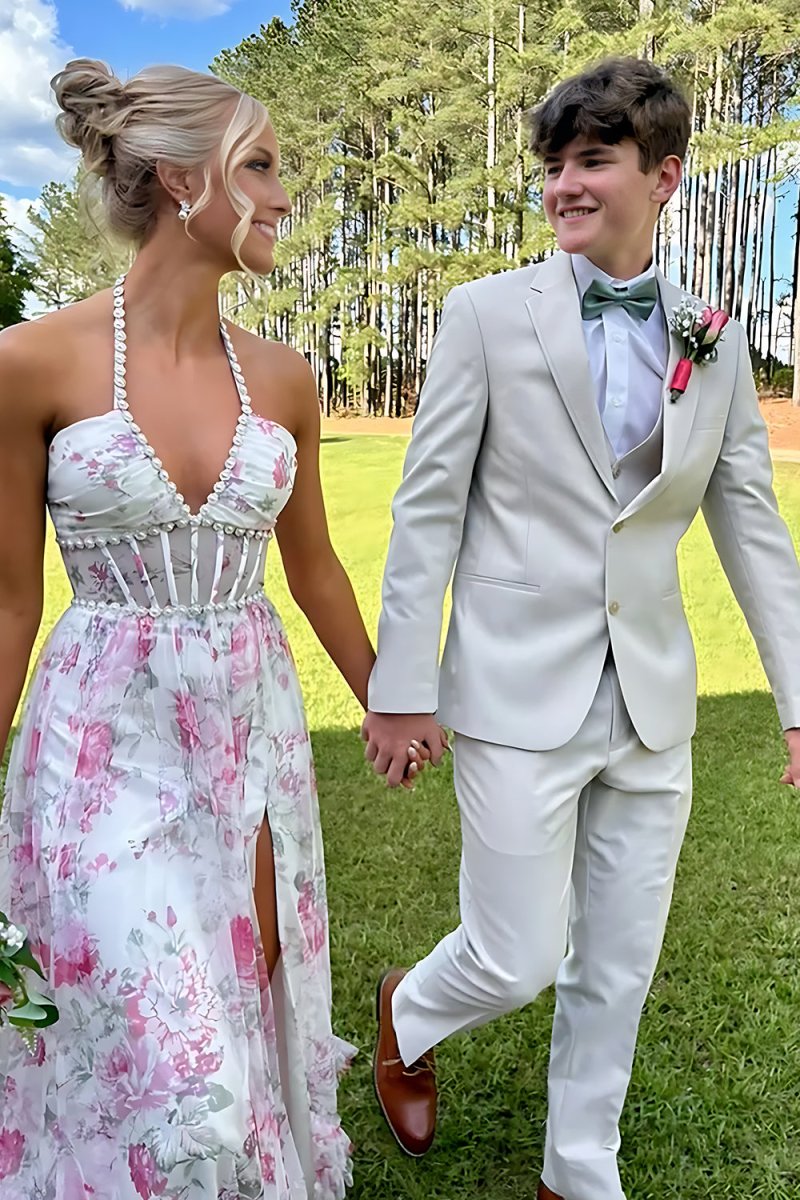 KissProm-Heraldine Pink Halter A Line Floral Chiffon Ruffled Formal Prom Dresses With Beading