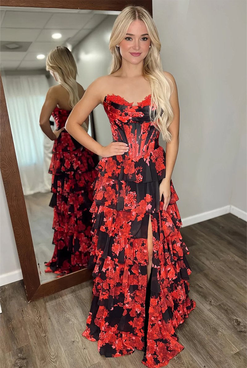 Hermonde | Red - Strapless A Line Floral Chiffon Ruffled Prom Dresses With Slit - KissProm