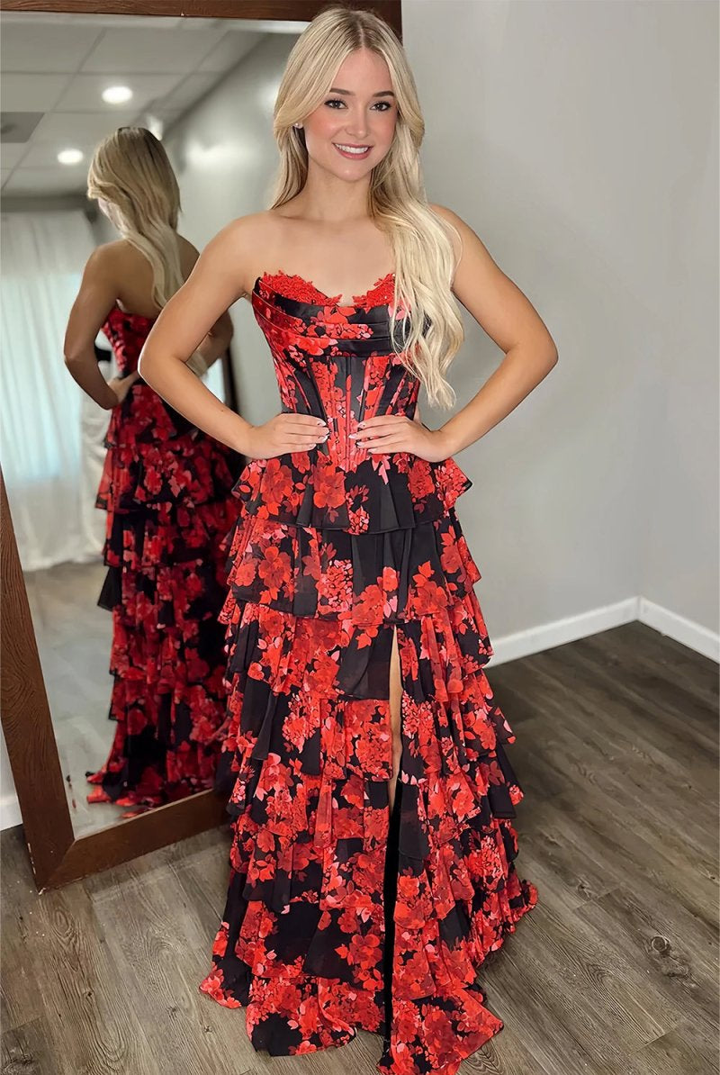 Hermonde | Red - Strapless A Line Floral Chiffon Ruffled Prom Dresses With Slit - KissProm