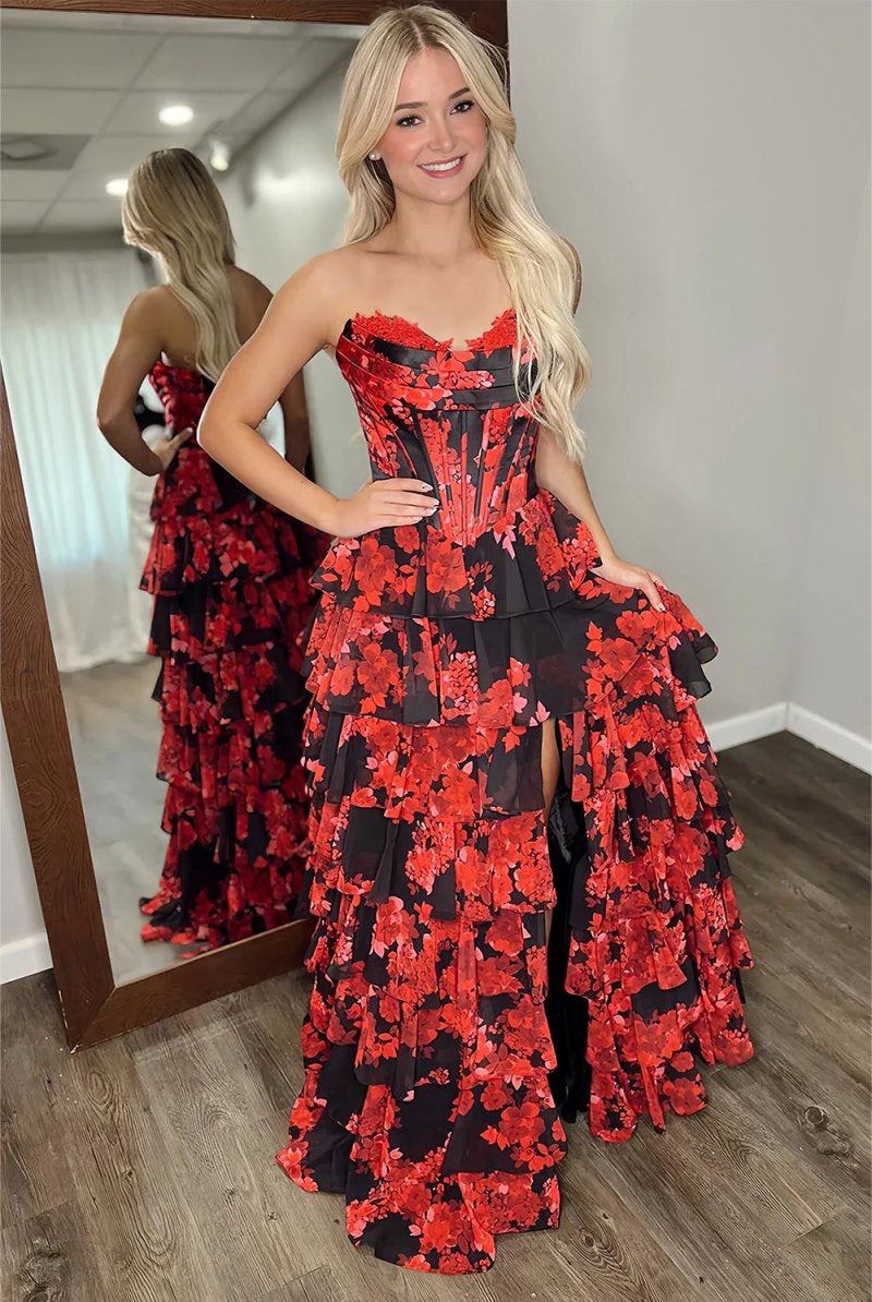 Hermonde | Red - Strapless A Line Floral Chiffon Ruffled Prom Dresses With Slit - KissProm