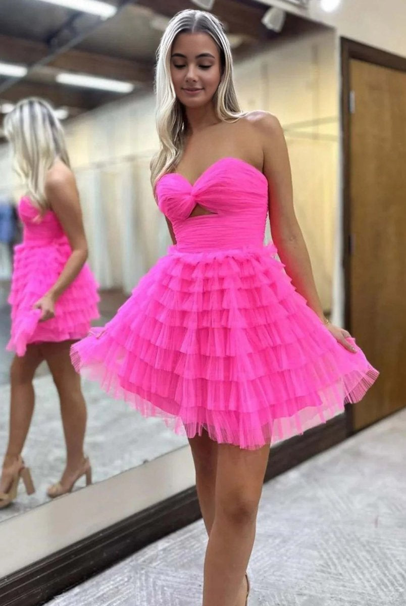 Hernando | Hot Pink - Keyhole Strapless A-Line Ruffles Short Homecoming Dress