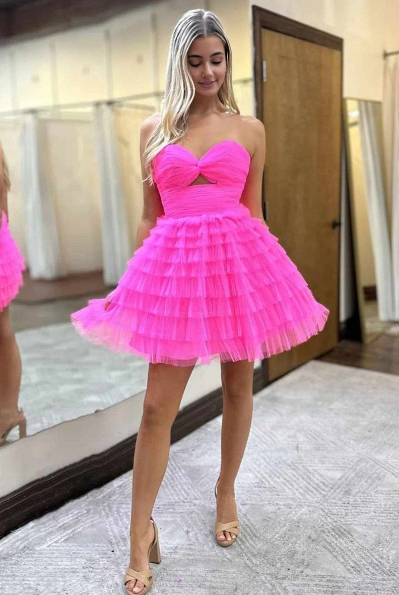 Hernando | Hot Pink - Keyhole Strapless A-Line Ruffles Short Homecoming Dress