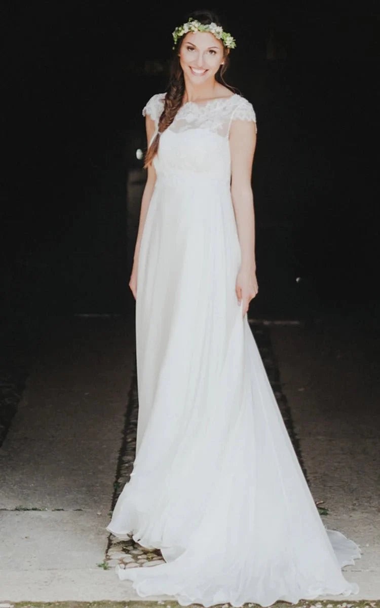 High-end A Line Jewel Chiffon Sweep Train Wedding Dress with Appliques High-end A Line Jewel Chiffon Sweep Train Wedding Dress with Appliques