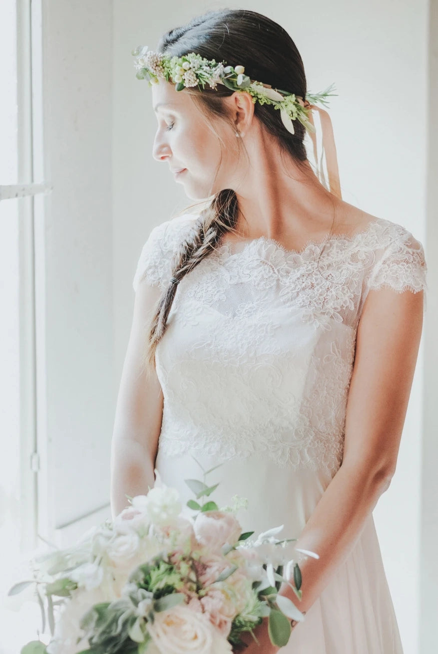 High-end A Line Jewel Chiffon Sweep Train Wedding Dress with Appliques