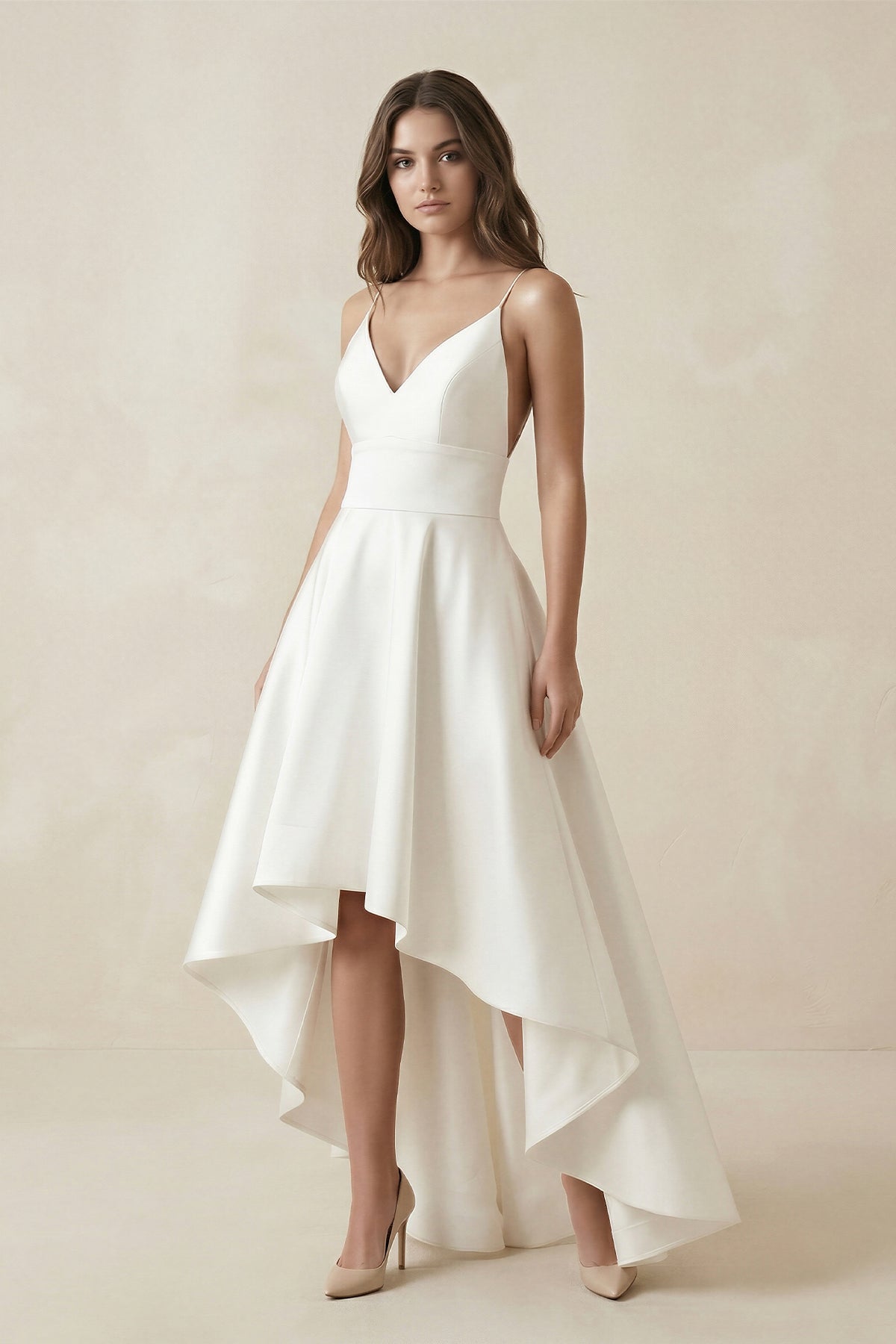 High-Low Satin V-Neck A-Line Wedding Dress in White, White / 6