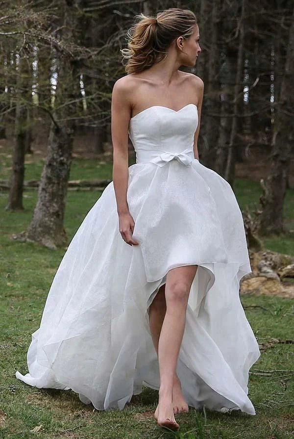 Special High Low Asymmetrical Sweetheart Sleeveless Organza Applique Wedding Dress