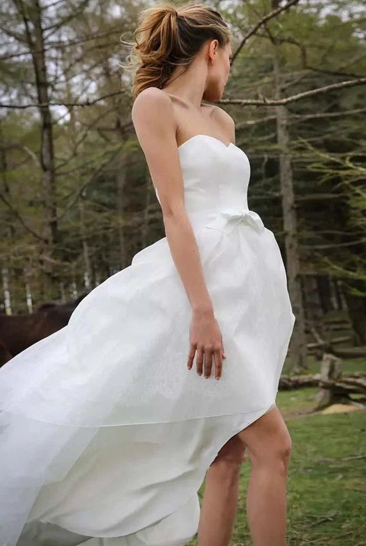 Special High Low Asymmetrical Sweetheart Sleeveless Organza Applique Wedding Dress
