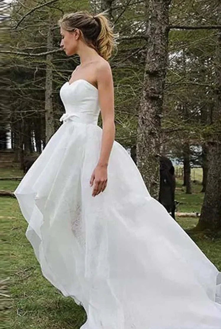 Special High Low Asymmetrical Sweetheart Sleeveless Organza Applique Wedding Dress