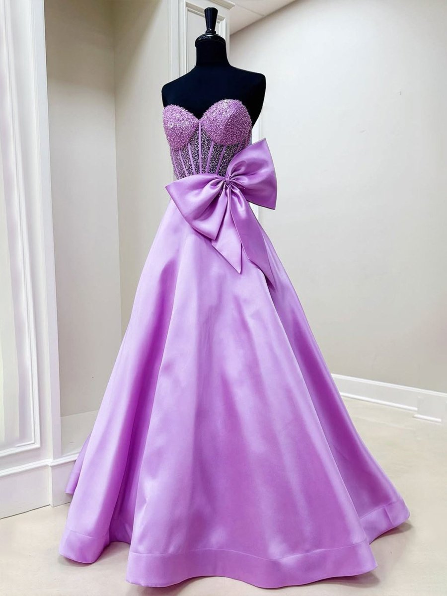 Hindreen | A-Line Sweetheart Lilac Beaded Long Prom Dresses With Bow