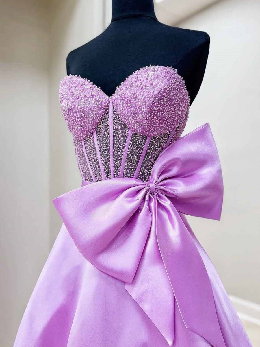 Hindreen | A-Line Sweetheart Lilac Beaded Long Prom Dresses With Bow