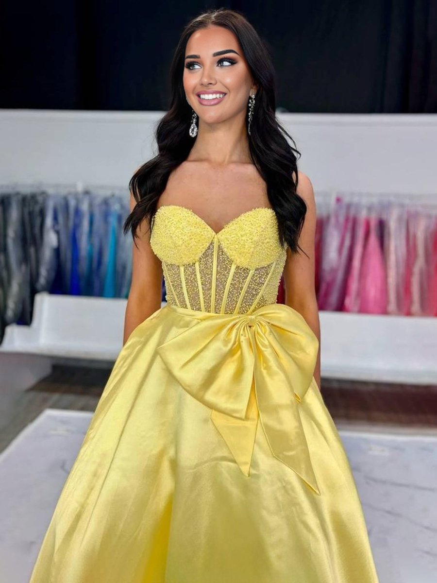 Hindreen | A-Line Sweetheart Lilac Beaded Long Prom Dresses With Bow