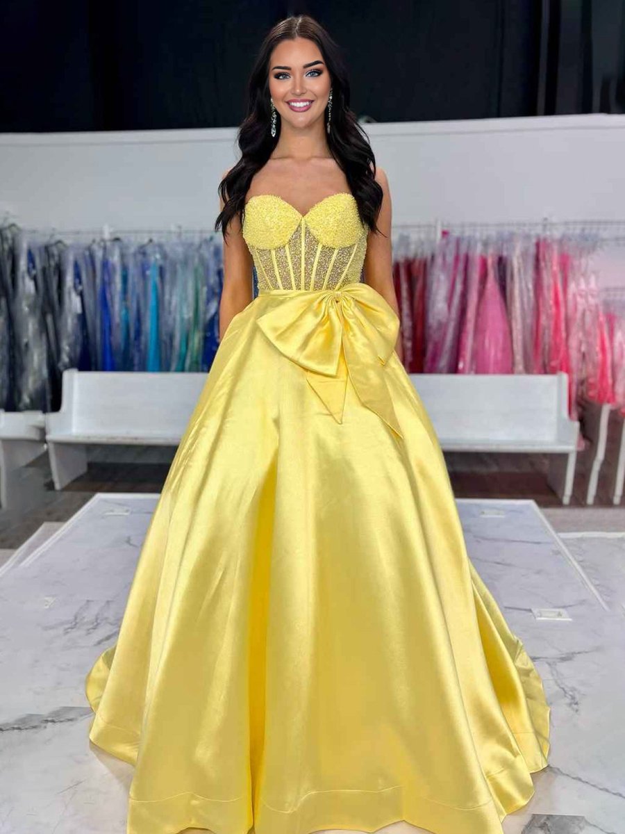 Hindreen | A-Line Sweetheart Lilac Beaded Long Prom Dresses With Bow