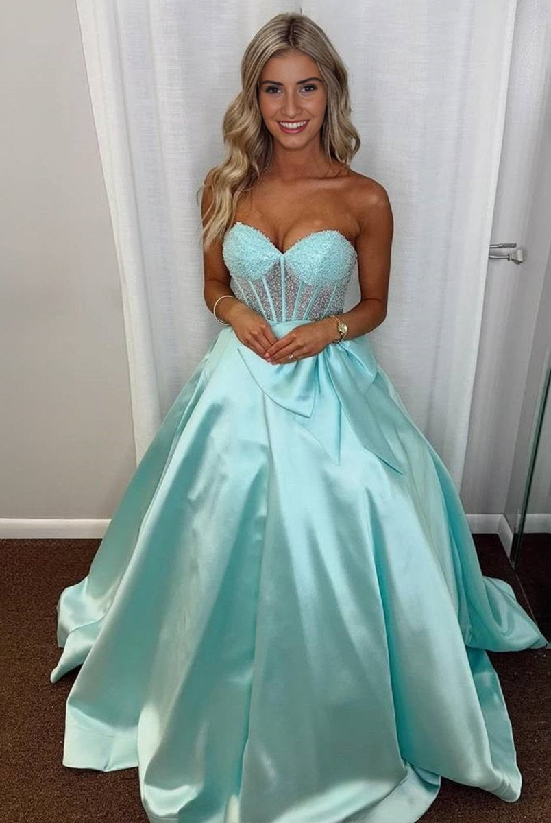 Hindreen | A-Line Sweetheart Lilac Beaded Long Prom Dresses With Bow