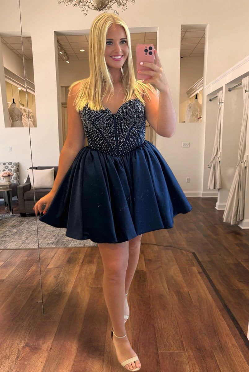 Hira | Red - Strapless Satin A Line Short Homecoming Dresses With Beading - KissProm