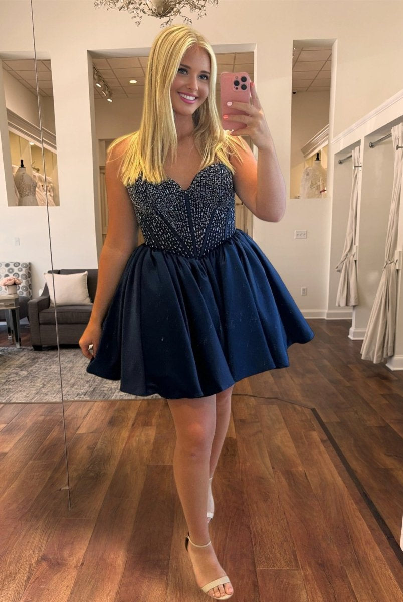 Hira | Red - Strapless Satin A Line Short Homecoming Dresses With Beading - KissProm