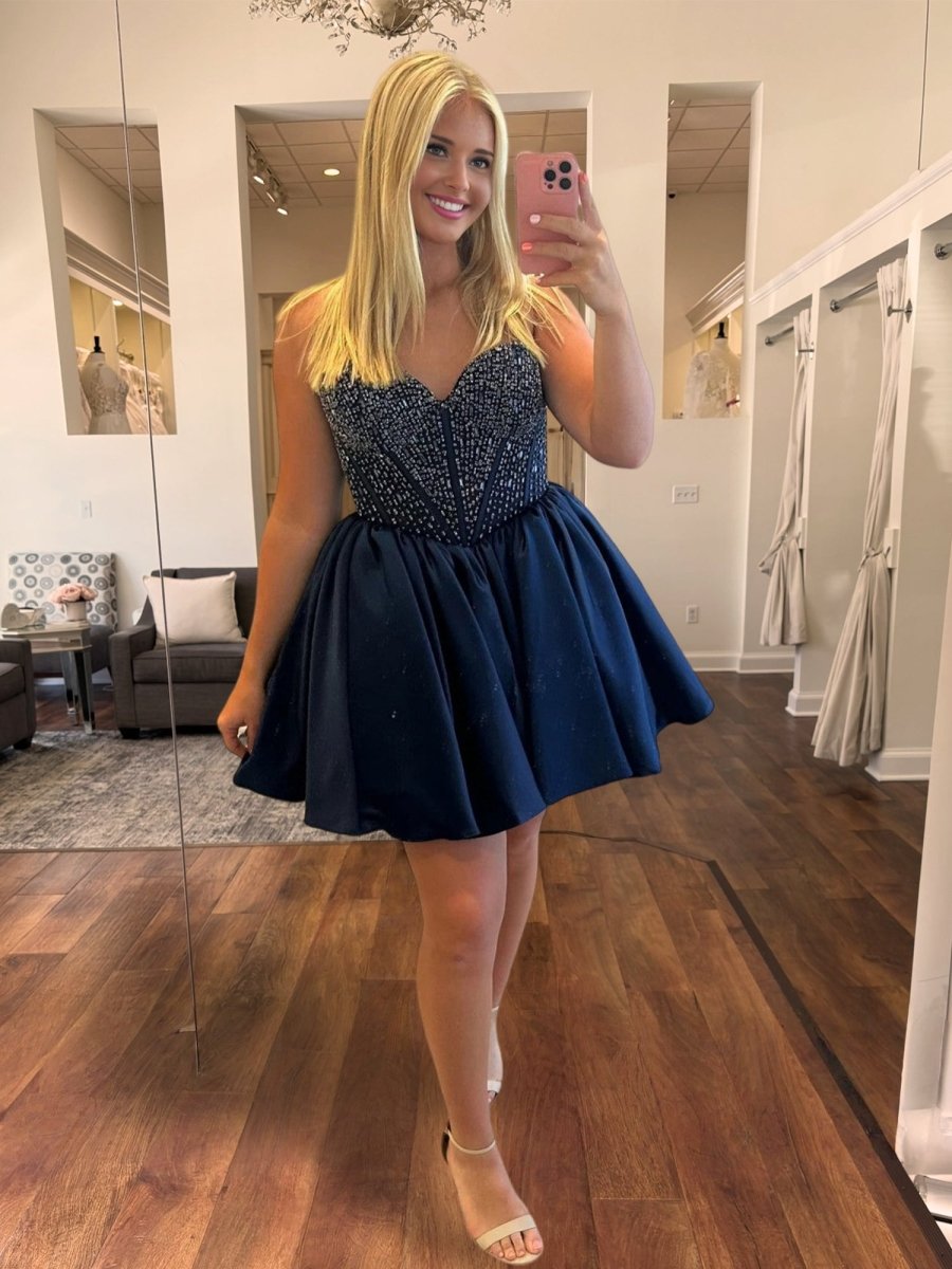 Hira | Red - Strapless Satin A Line Short Homecoming Dresses With Beading - KissProm