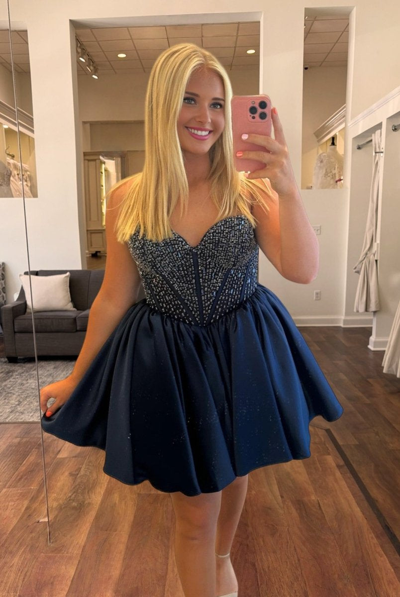 Hira | Red - Strapless Satin A Line Short Homecoming Dresses With Beading - KissProm