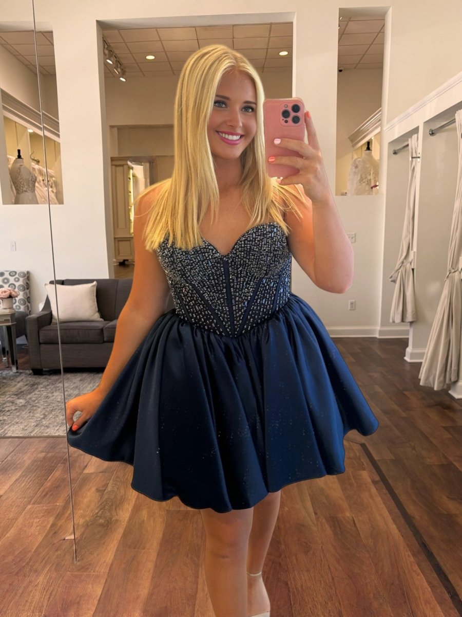 Navy Blue - Strapless Satin A Line Short Homecoming Dresses With Beading Navy Blue - Strapless Satin A Line Short Homecoming Dresses With Beading