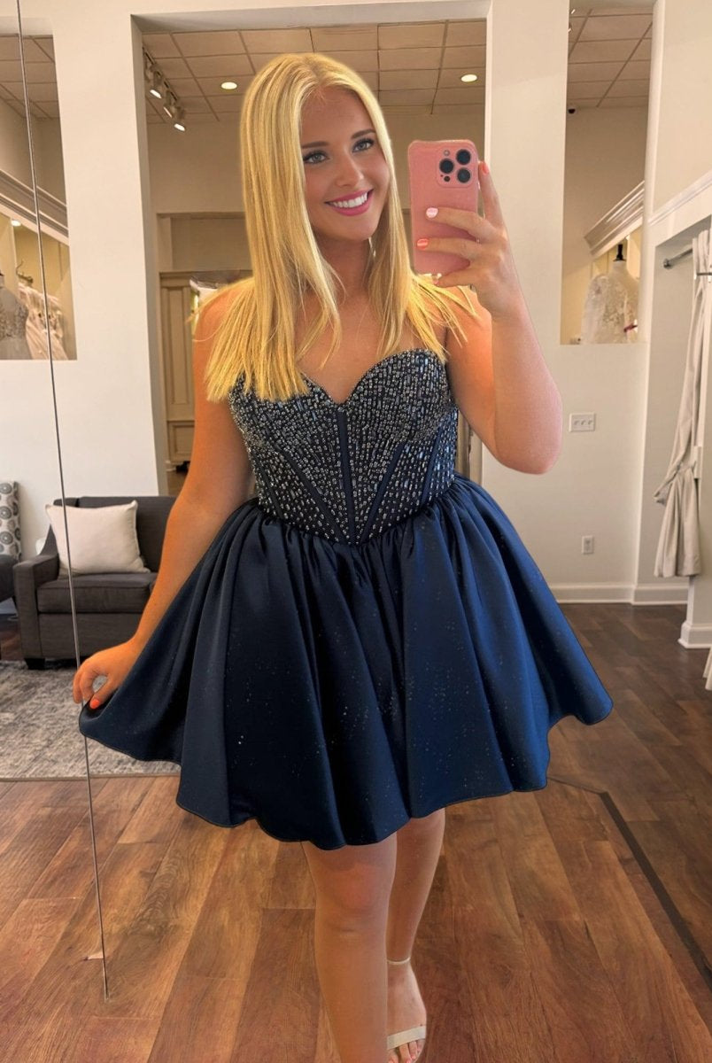 Hira | Red - Strapless Satin A Line Short Homecoming Dresses With Beading - KissProm