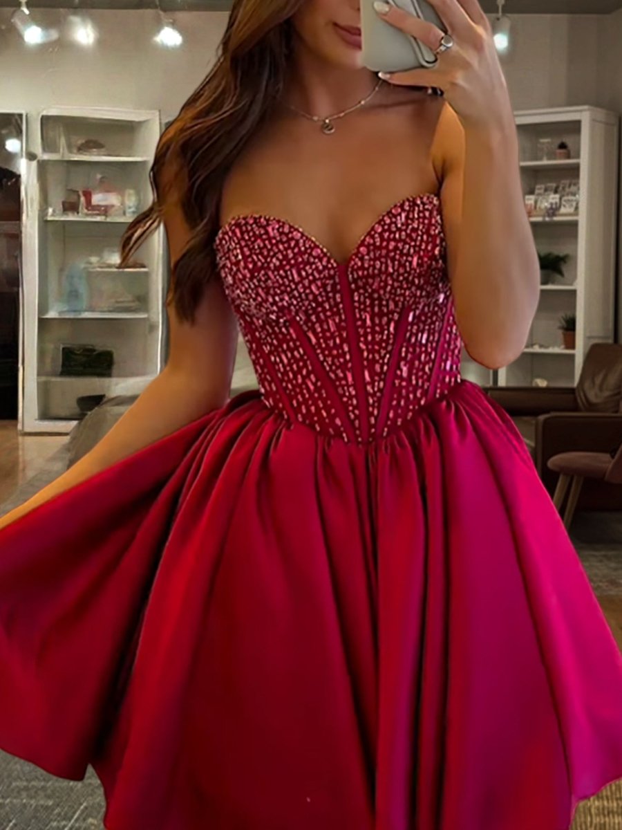 Hira | Red - Strapless Satin A Line Short Homecoming Dresses With Beading