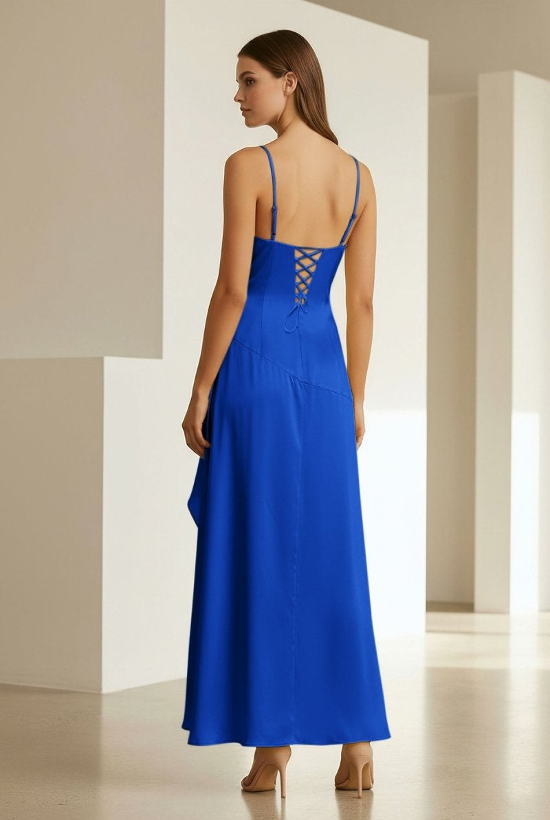 Cyndal | Royal Blue - Spaghetti Straps Sheath Satin High Low Prom Dresses With Ruffles - KissProm