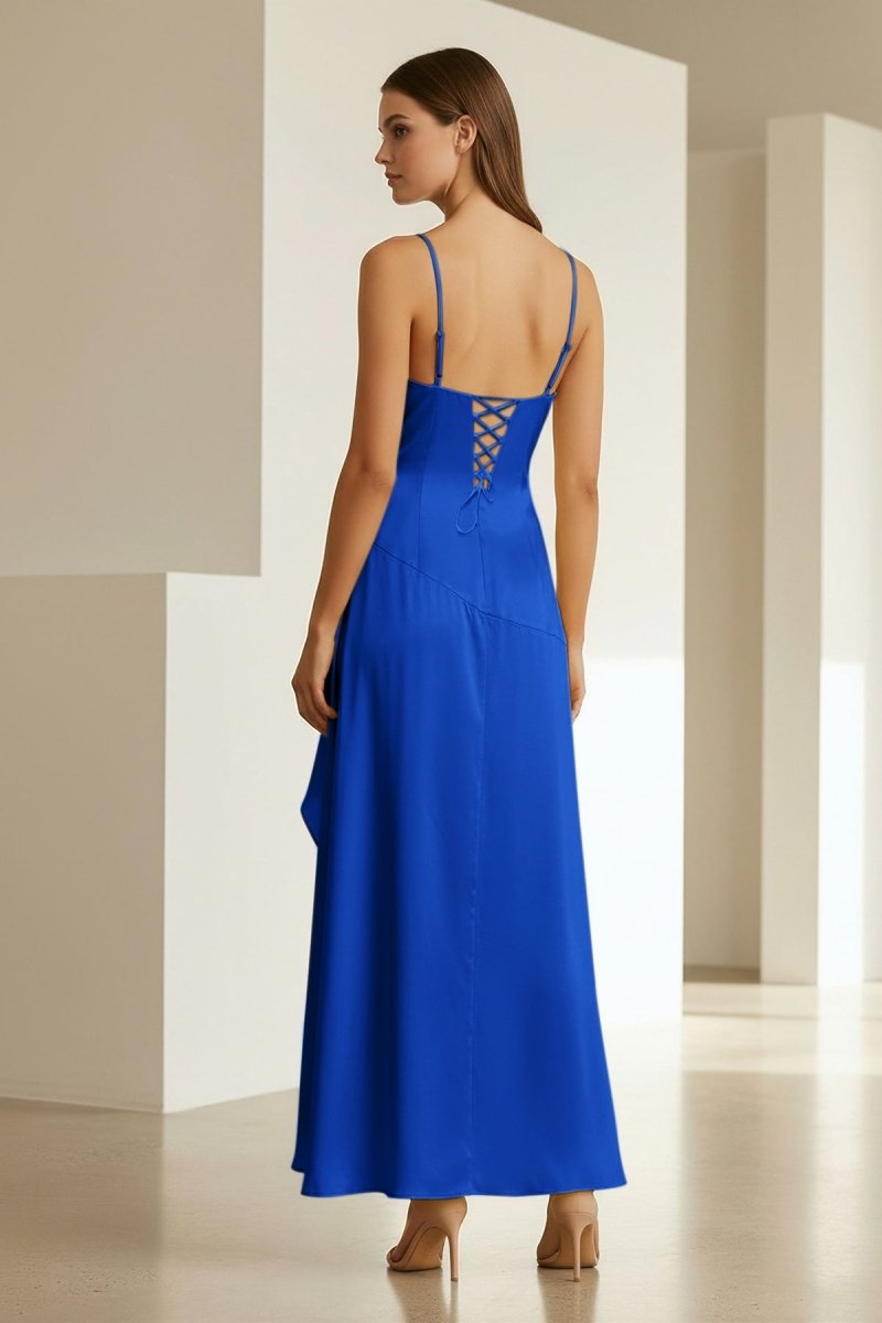 Cyndal | Royal Blue - Spaghetti Straps Sheath Satin High Low Prom Dresses With Ruffles - KissProm