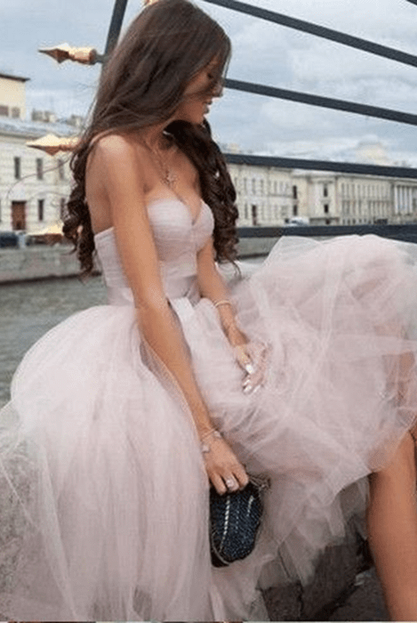Short Strapless Knee Length Sleeveless Dusty Pink Tulle Wedding Gowns with Sash - KissProm