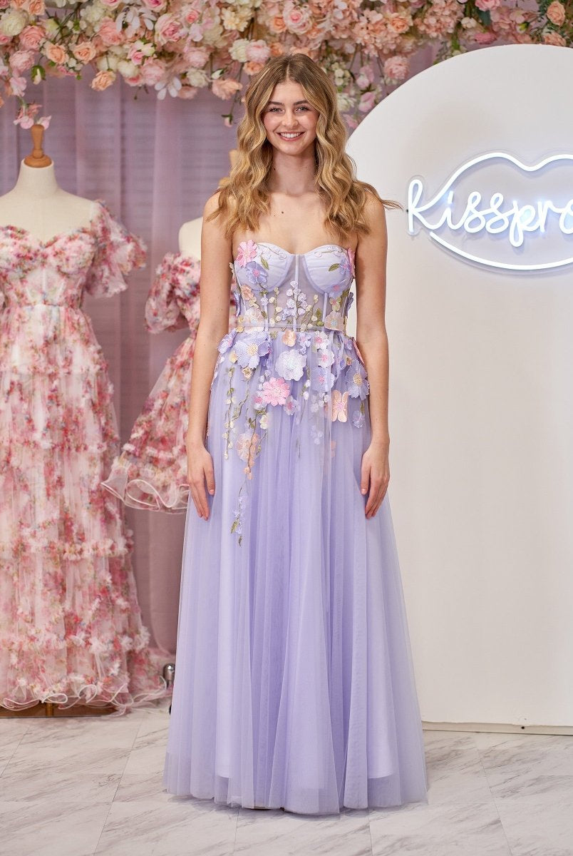 Hope | Lavender A - Line Strapless Tulle Homecoming Dress With 3D Flowers - KissProm