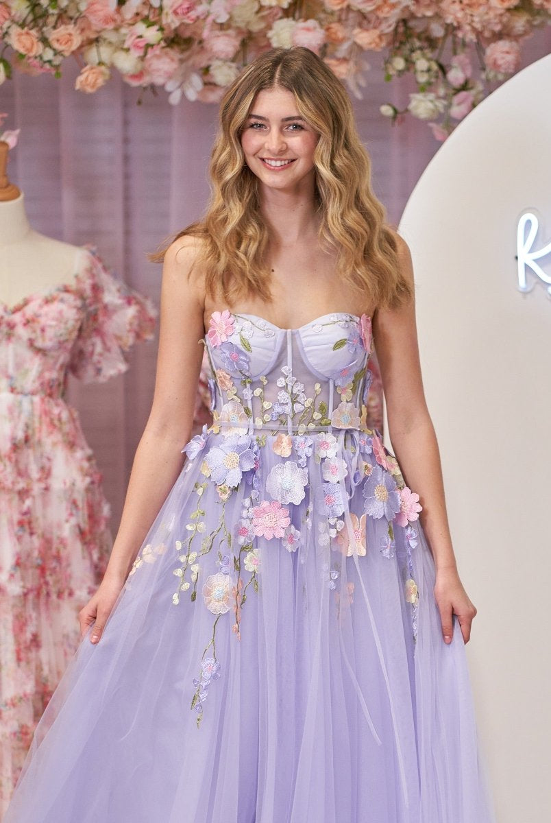 Hope | Lavender A - Line Strapless Tulle Homecoming Dress With 3D Flowers - KissProm
