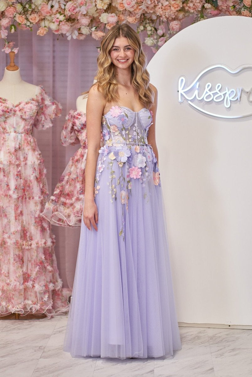 Hope | Lavender A - Line Strapless Tulle Homecoming Dress With 3D Flowers - KissProm