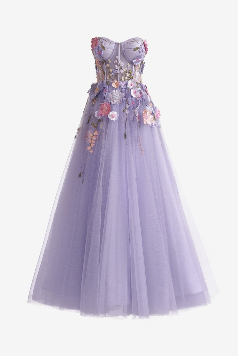 Hope | Lavender A - Line Strapless Tulle Homecoming Dress With 3D Flowers - KissProm