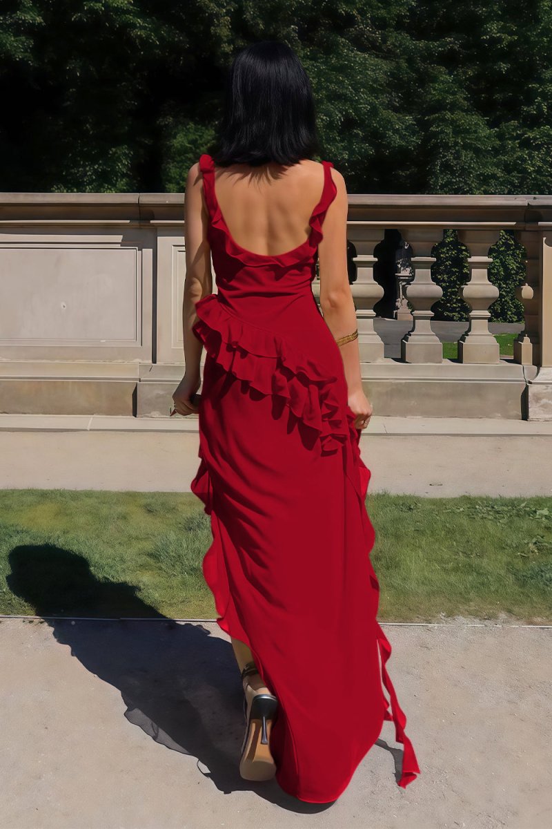 Hopkins | Red - Square Neck Sheath Satin Ruffled Prom Dresses With Slit - KissProm
