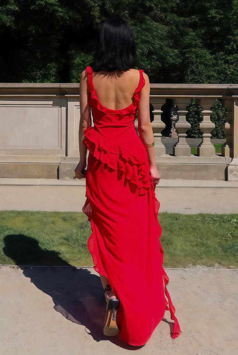 Hopkins | Red - Square Neck Sheath Satin Ruffled Prom Dresses With Slit - KissProm
