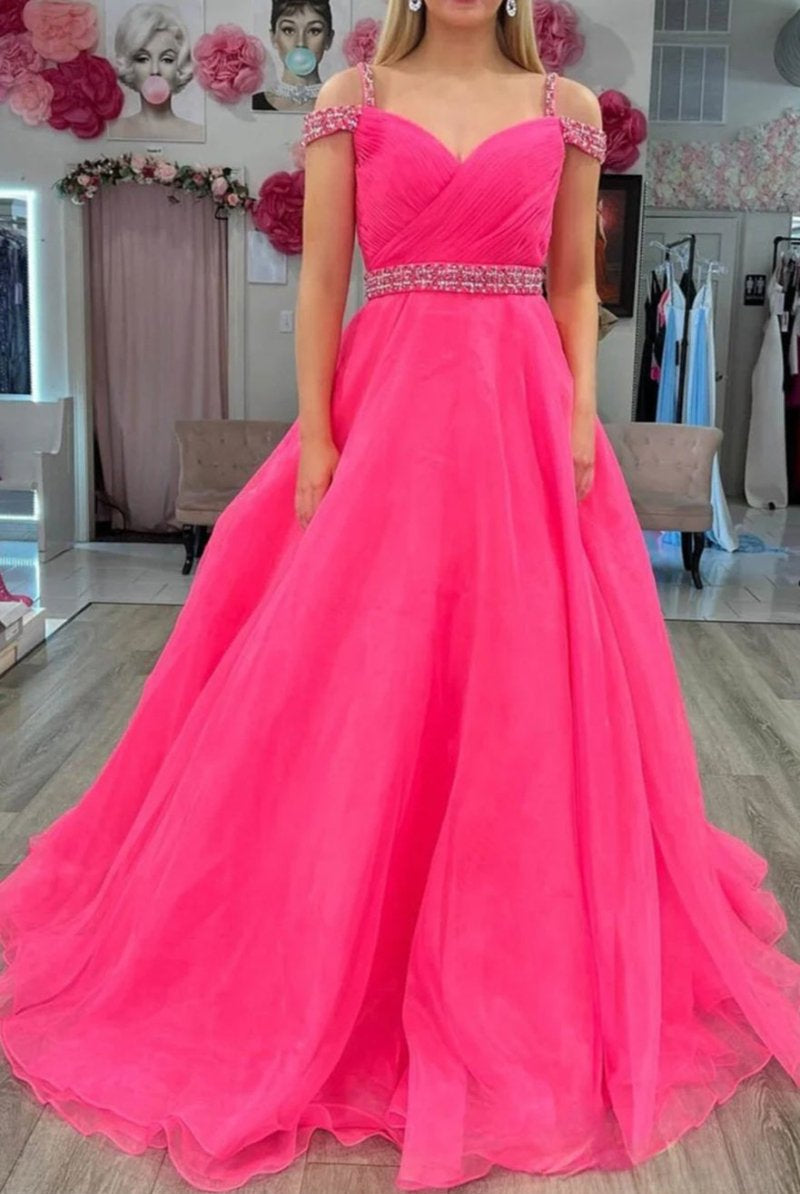 Hot Pink Beaded Cold-Shoulder A-Line Prom Dress