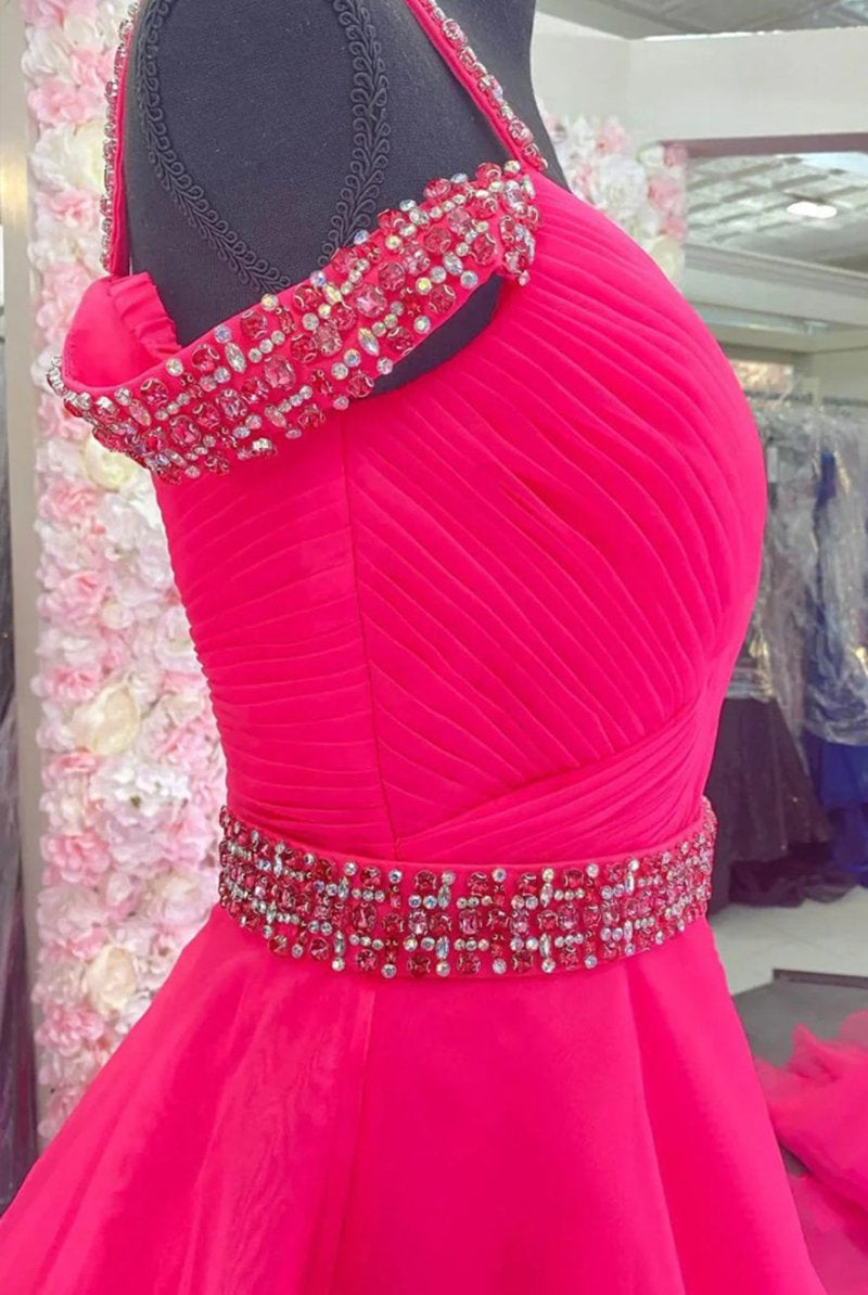 Hot Pink Beaded Cold-Shoulder A-Line Prom Dress