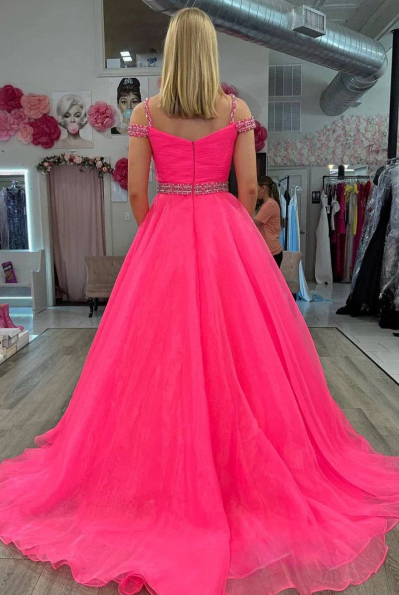 Hot Pink Beaded Cold-Shoulder A-Line Prom Dress