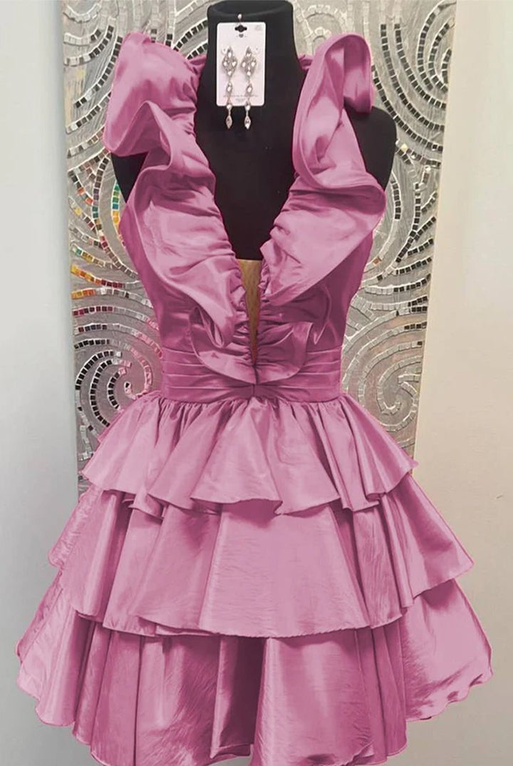 Irisia | A-Line Deep V-Neck Satin Short Homecoming Dress with Ruffles