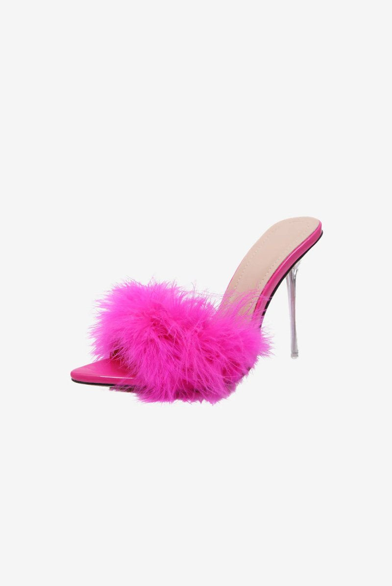 Hot Pink Feathers Pointed Toe Stiletto Sandals - KissProm