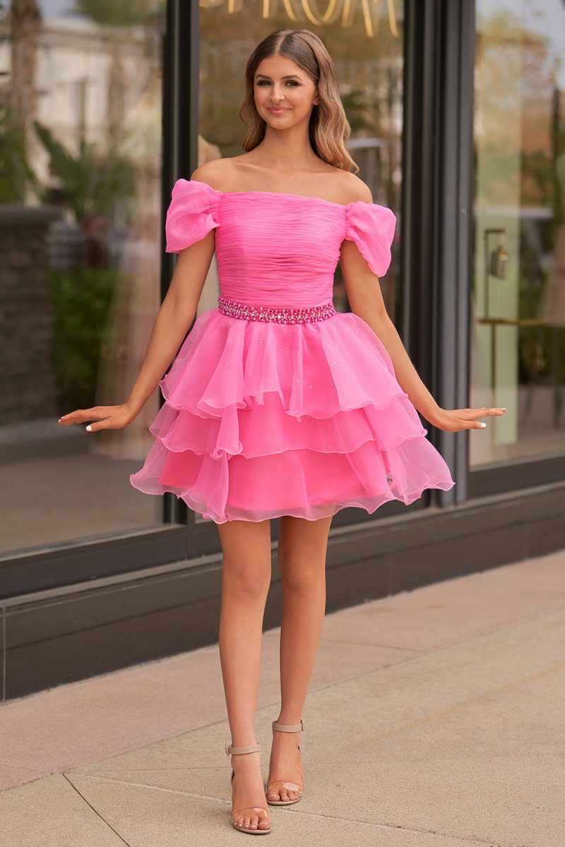 Xanthe | Hot Pink Off-the-Shoulder Ruffle Short Homecoming Dress