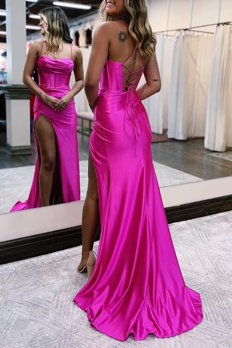 Spaghetti Straps Satin Mermaid Prom Dress with Slit