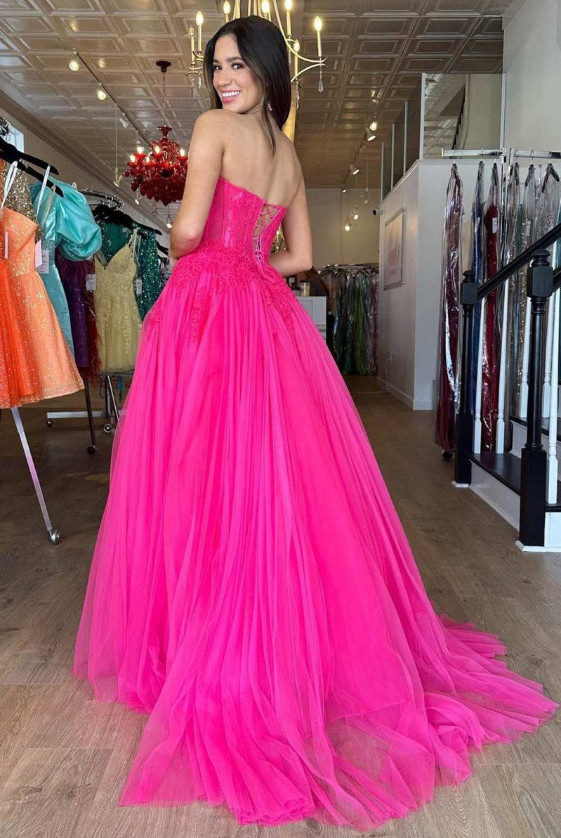 Amora |A - Line Hot Pink Tulle Lace StraplessLong Prom Dress - KissProm