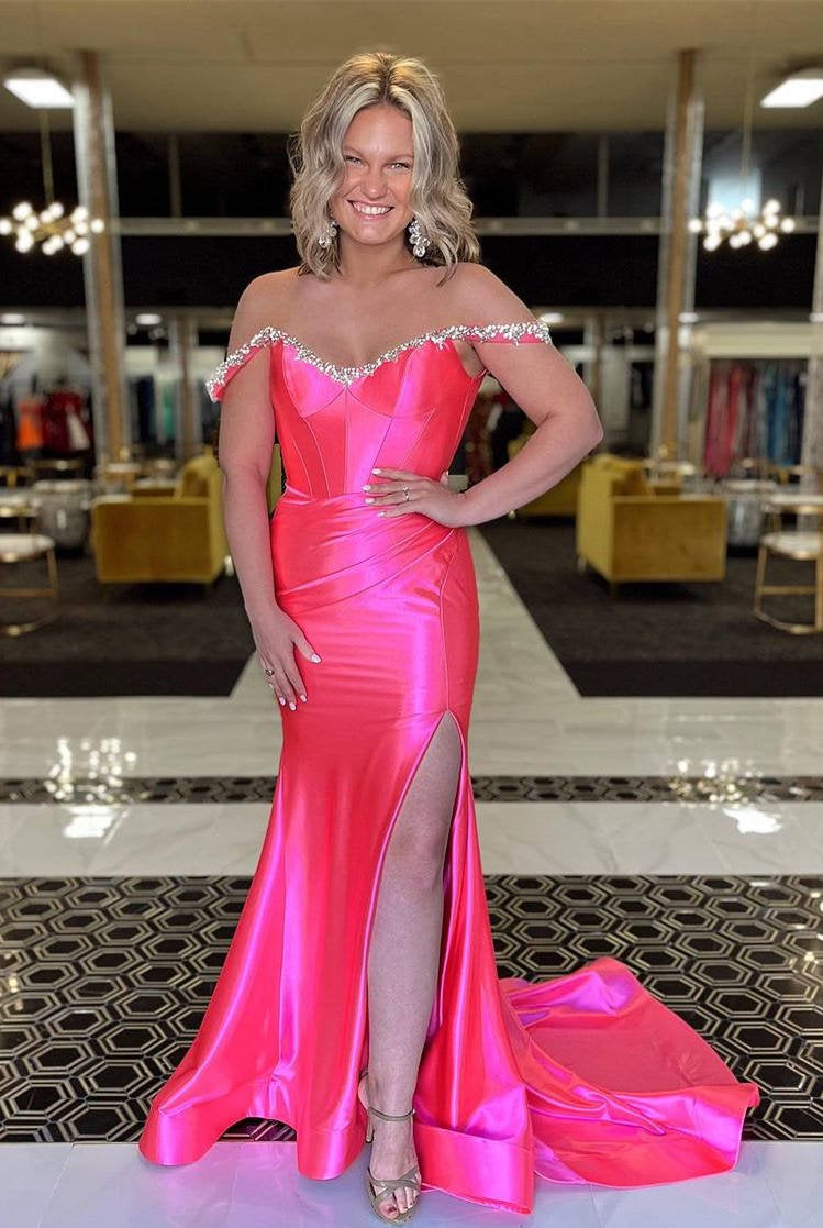 Bellamy | Mermaid V Neck Red Satin Slit Prom Dress with Beading