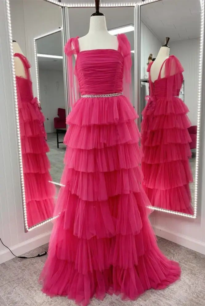 Houda | Light Blue Pleated Ruffle Prom Dress with Bow Tie Straps