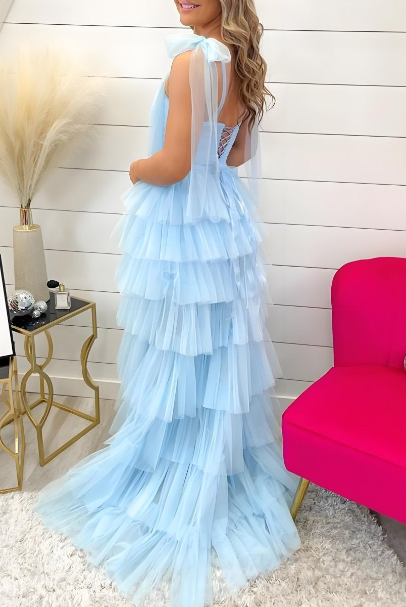 Houda | Light Blue Pleated Ruffle Prom Dress with Bow Tie Straps