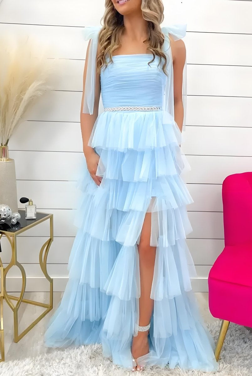 Houda | Light Blue Pleated Ruffle Prom Dress with Bow Tie Straps