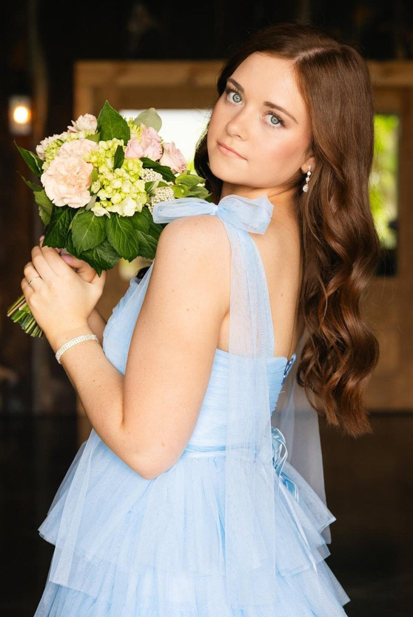 Houda | Light Blue Pleated Ruffle Prom Dress with Bow Tie Straps