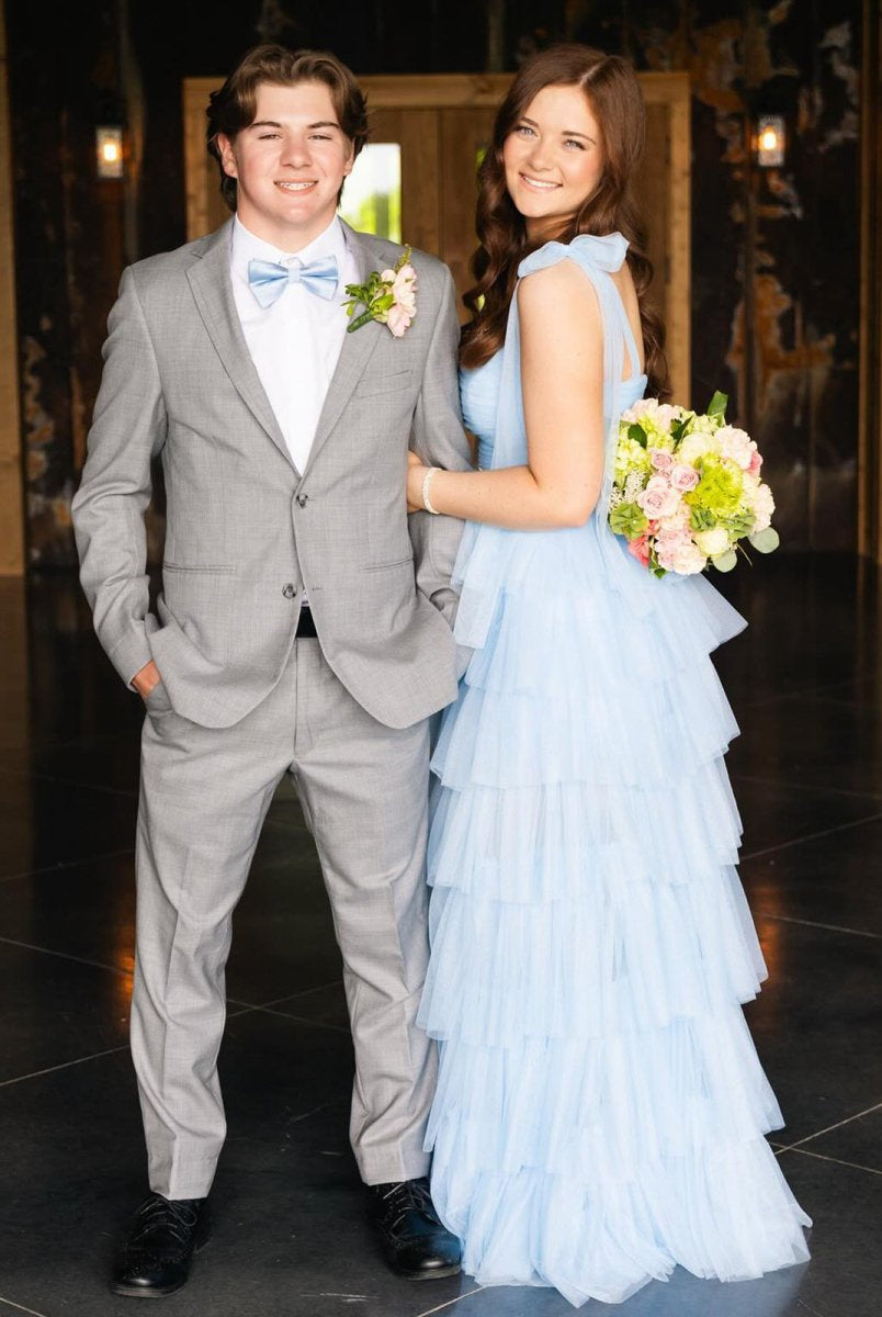 Houda | Light Blue Pleated Ruffle Prom Dress with Bow Tie Straps