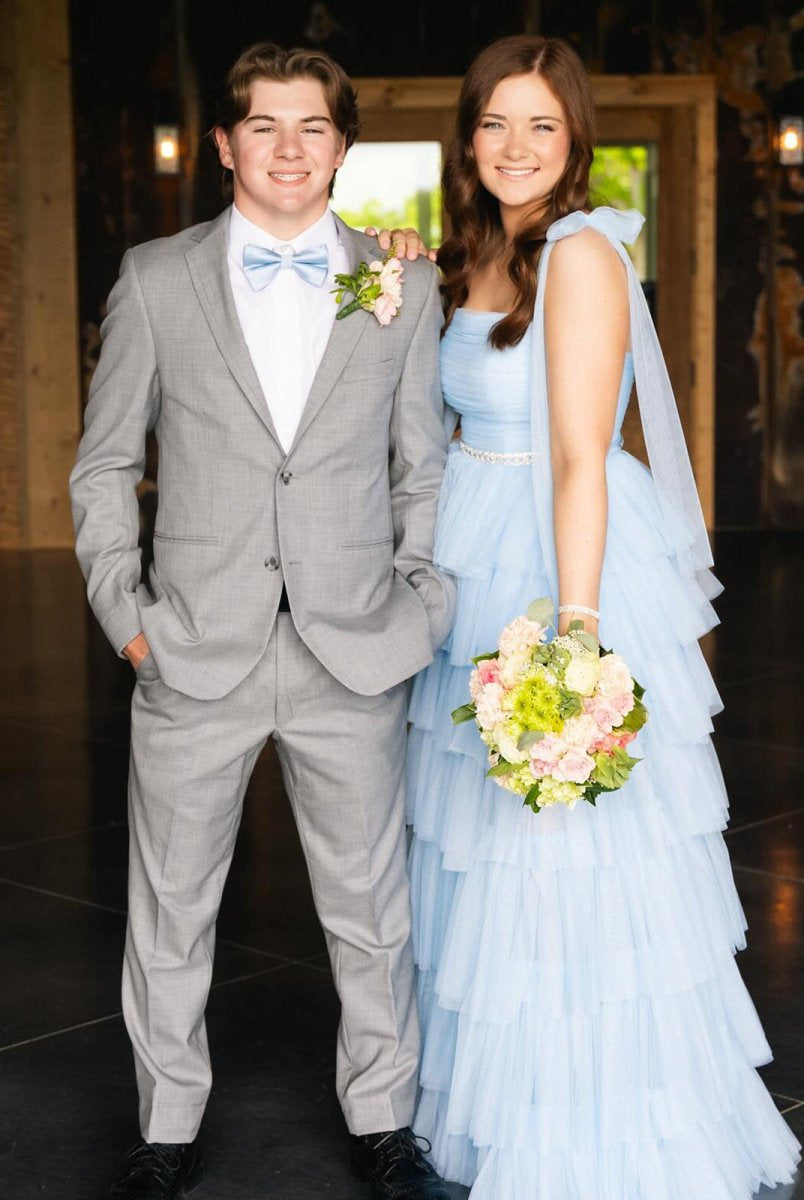 Houda | Light Blue Pleated Ruffle Prom Dress with Bow Tie Straps